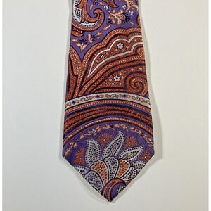 TALLIA Mens 100% Silk Neck Tie Orange Purple Paisley Floral 58"